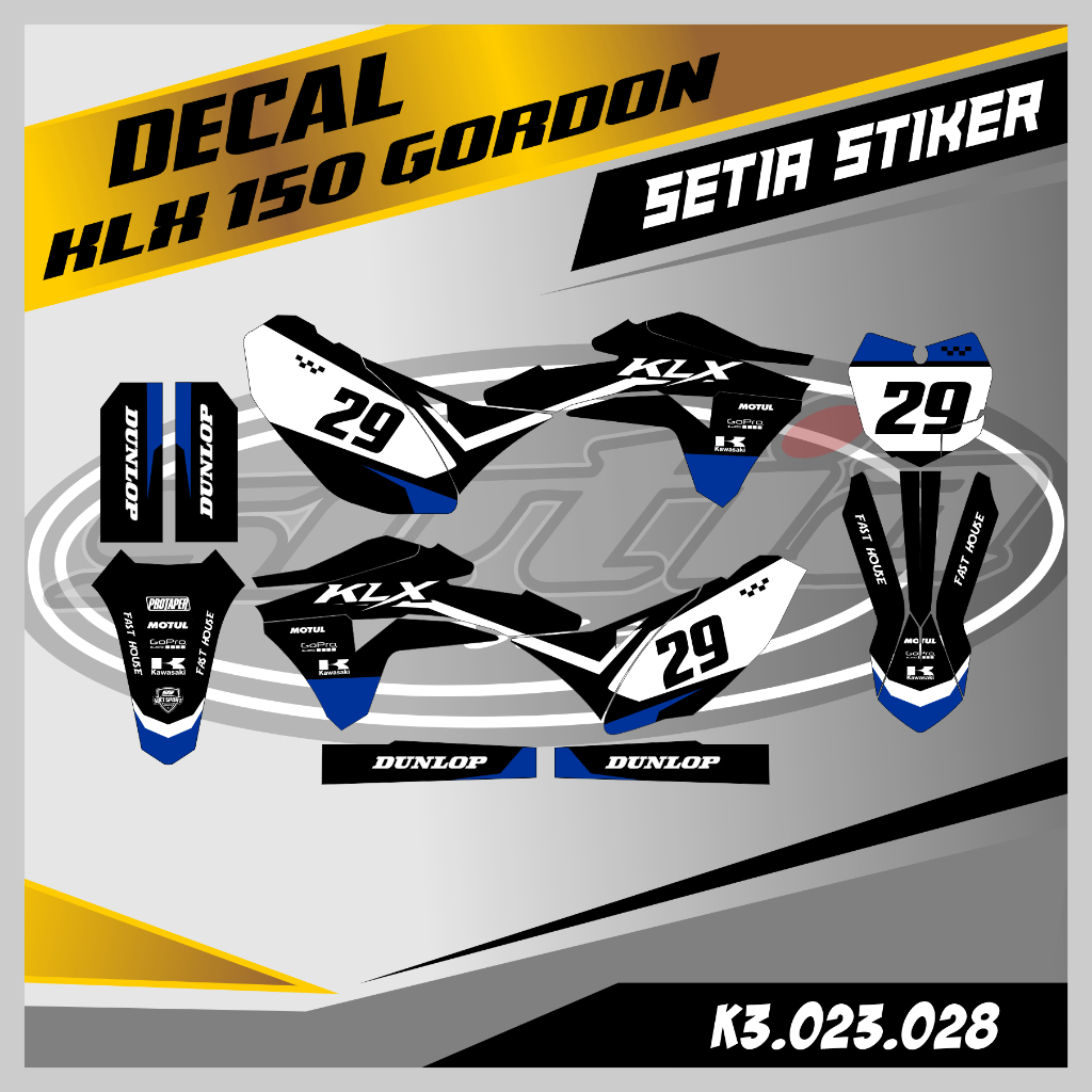 DECAL KLX GORDON, WARNA BIRU PUTIH HITAM, STIKER SUPERMOTO TRAIL, DESAIN BEBAS CUSTOM BARU (K3.023.0
