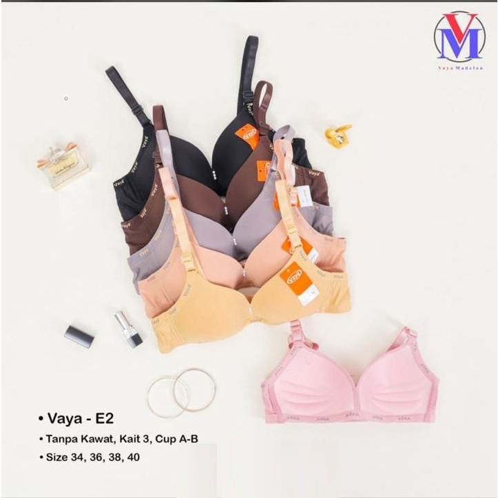 Bra/ BH Vaya E2 Kait 3 Busa Tipis Tanpa Kawat Cup A To B Bahan Premium Lembut Extra Comfort Ukuran 3