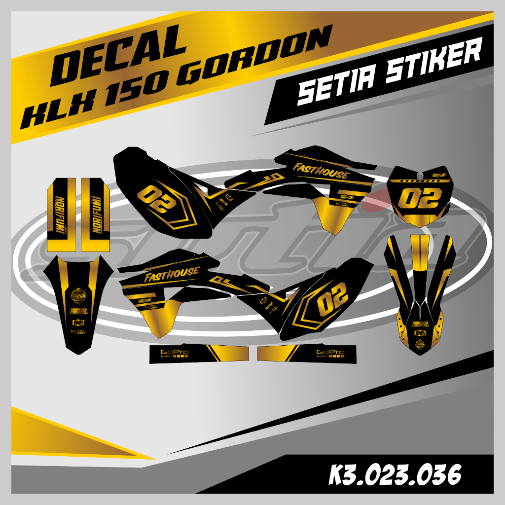DECAL KLX GORDON, WARNA HITAM GOLD, STIKER SUPERMOTO TRAIL, DESAIN BEBAS CUSTOM BARU (K3.023.036)