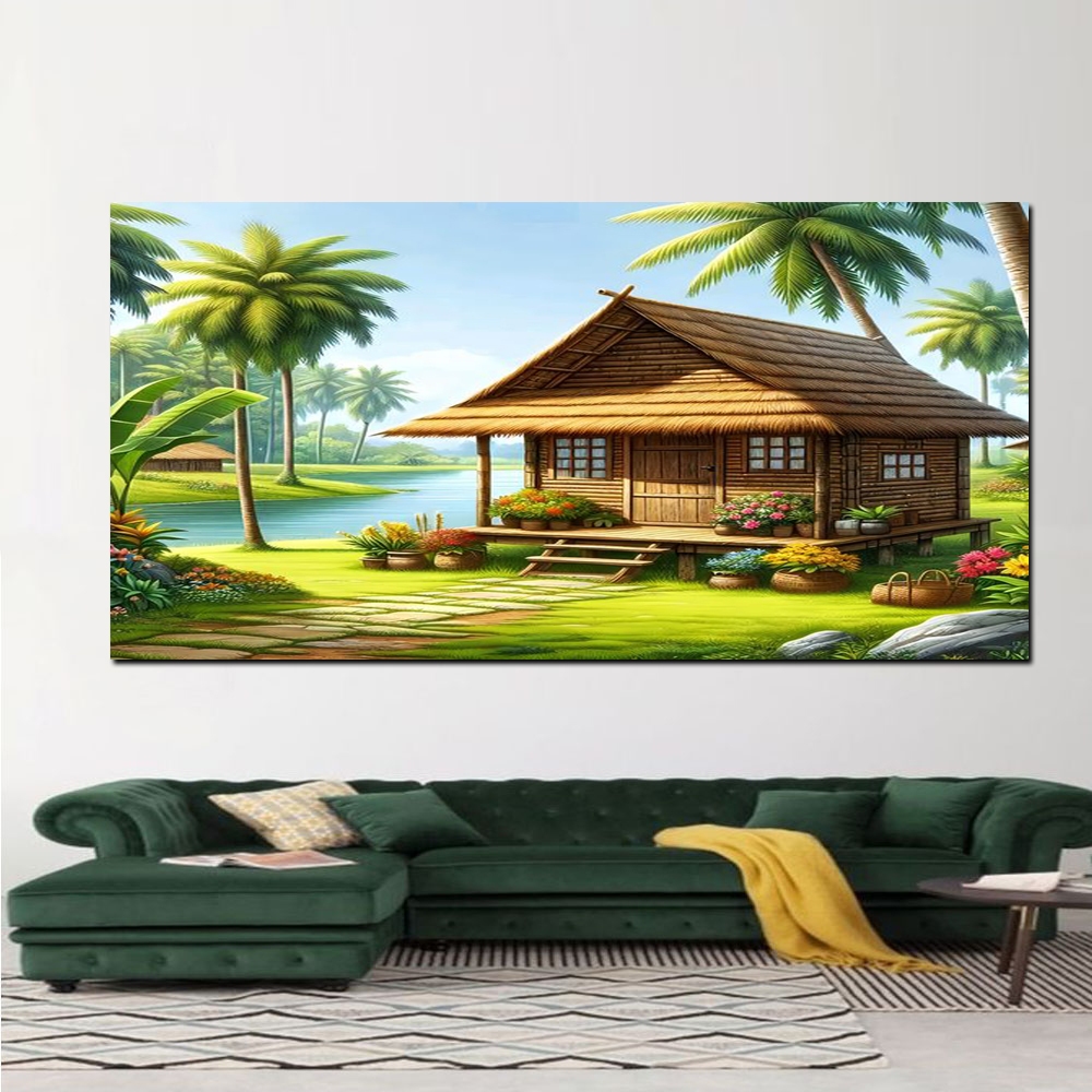 LUKISAN CETAK AESTHETICA SAWUNG BAMBU TEPI DANAU 354000 WON,TANPA BINGKAI,LUKISAN 3D,LUKISAN CETAK W