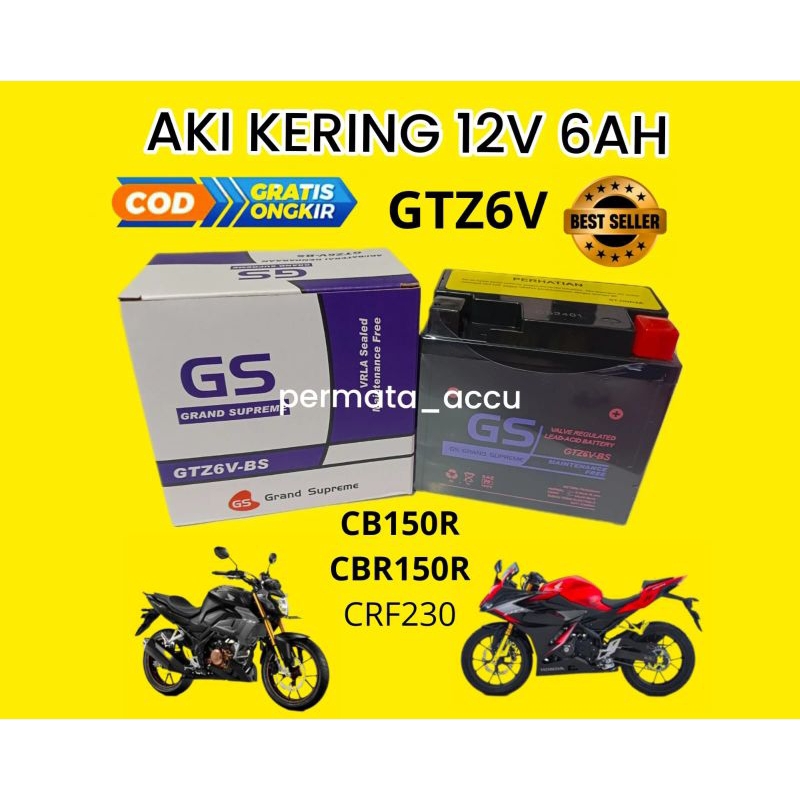 Aki kering motor Honda CB150R, CBR150, CB150r street fighter,, aki kering GS grand Supreme GTZ6V 12v