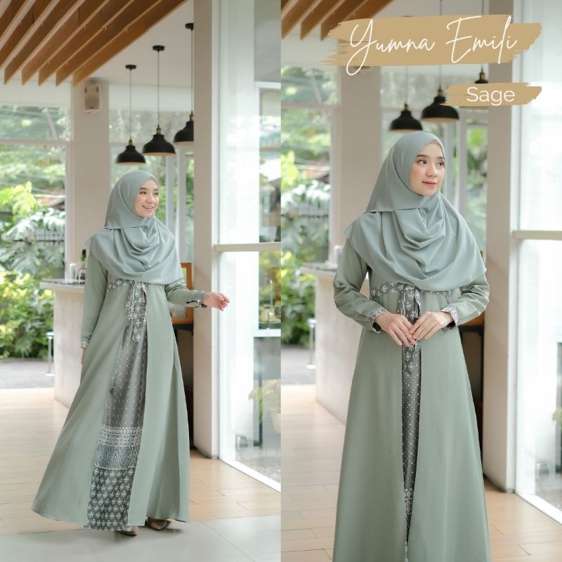 Baju Muslim Gamis Yumna Edisi Emili Motif Dress-Emili Sage