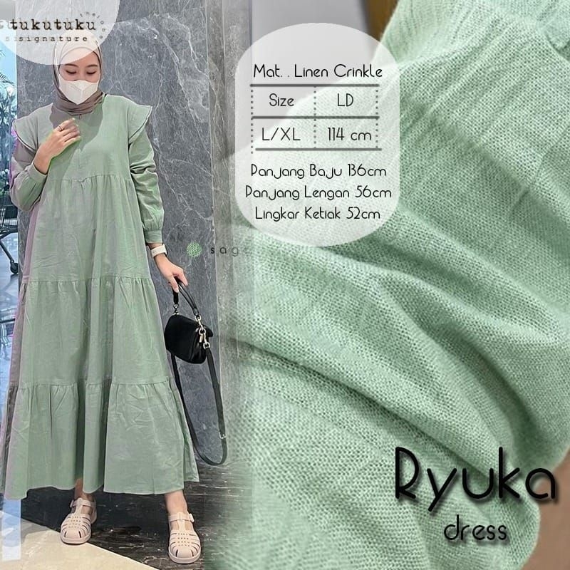 Midi Dress Maxy Polos Sage Green Katun Linen Crinkle Ruffle Susun Ryuka By TukuTuku