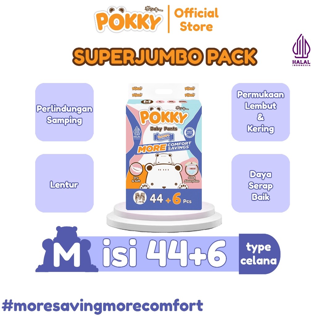 (POKKY PANTS) [1 BAG] POPOK CELANA BABY SUPER JUMBO PACK M44+6/L38+6/XL32+6/XXL28+6 - Gambar 2