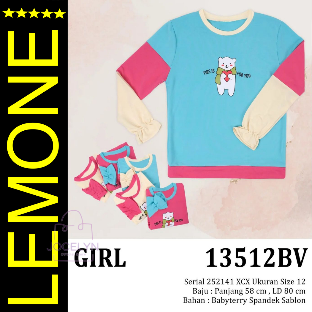 LEMONE Babyterry Spandek for Girls 13512BV Umur 10-12 Kaos atasan oversize karet lengan panjang anak