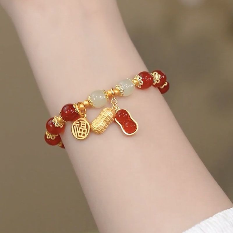 GL108 - Gelang Giok Asli Batu Kacang Merah Kombinasi Koin Titanium/Gelang Giok Kacang Wanita Berlapi