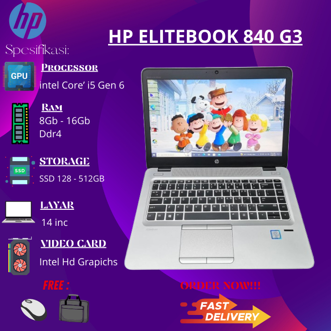 Laptop Gaming/Editing HP EliteBook 840 G3 Core i5 Gent 6 RAM 8GB SSD 256GB BERGARANSI MURAH