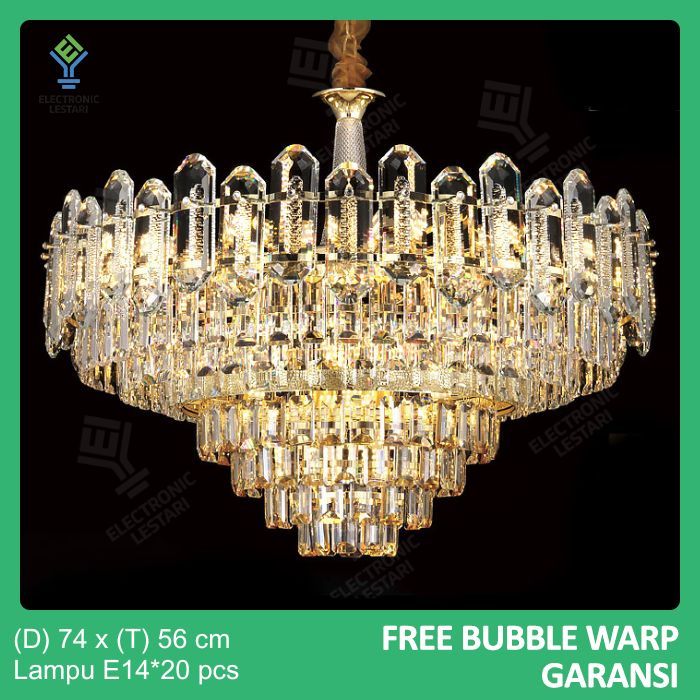 Lampu Gantung Kristal Minimalis Ruang Tamu Modern Emas 74 cm Hias