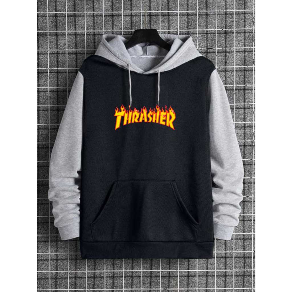 Sweater Hoodie Jumper Hitam Abu Pria Thrasher Premium Sablon DTF Gratis Ongkir COD