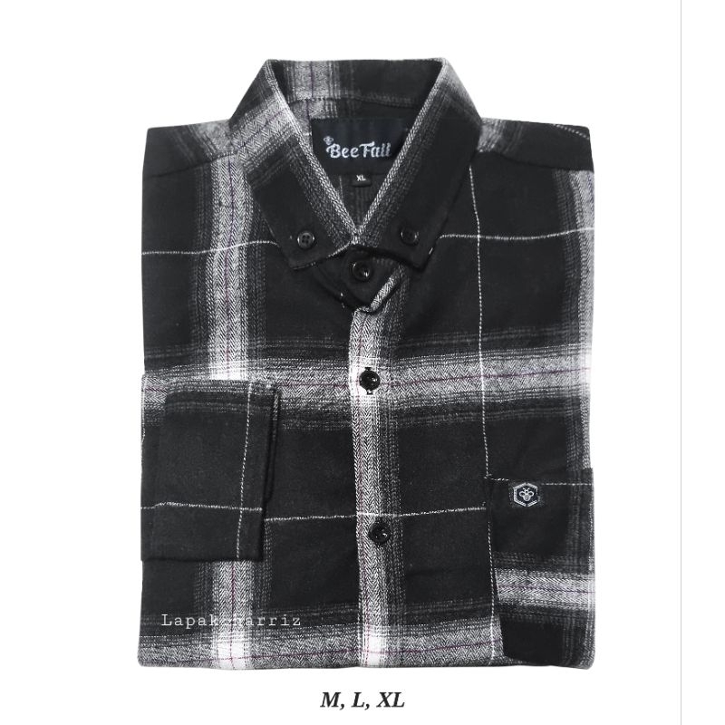 Kemeja Flanel Hitam Garis Putih Korea