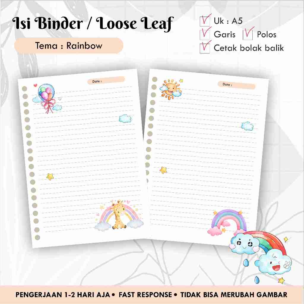 

Isi Binder / Loose leaf gambar A5 Tema RAINBOW / Refill Map Binder / Garis Polos