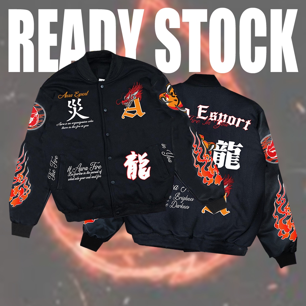 JAKET VARSITY  AURA ESPORT DRAGON FIRE READY STOCK BIG SIZE JUMBO S M L XL XXL 3XL 4XL 5XL 6XL