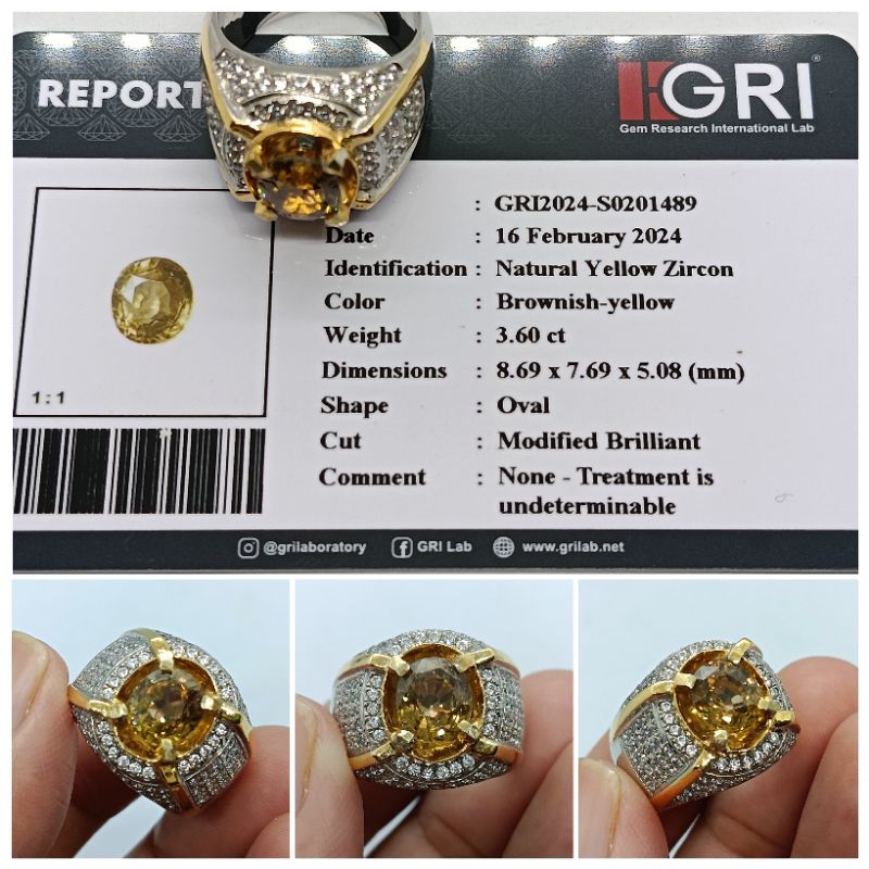 Natural Yellow Zircon Cambodia 3,6 ct Luster Istimewa memo GRI Ring Perak Mewah