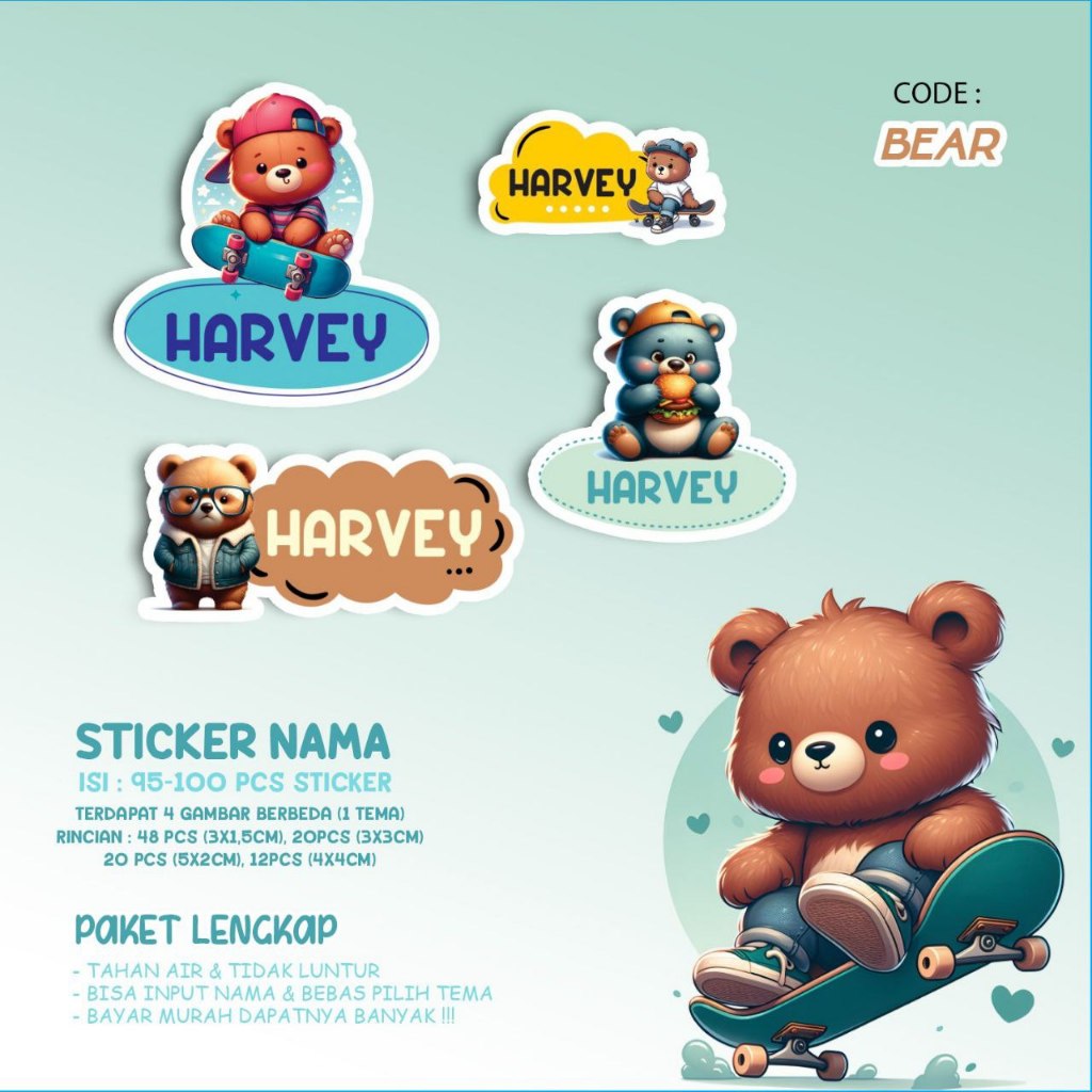 

Sticker / Stiker Label Nama Karakter Tema CUTE BEAR / BERUANG