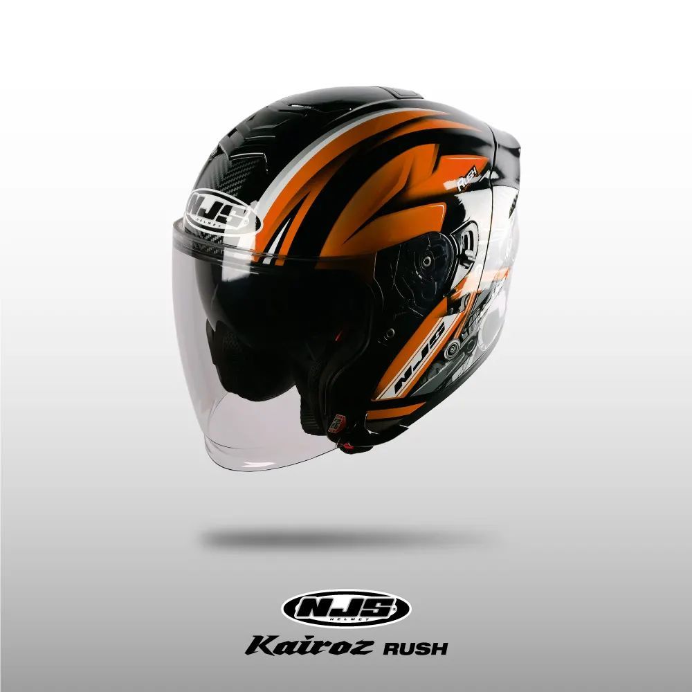 NJS KAIROZ DV RUSH Hitam - Orange fluo Gloss/Doff - Helm Half face (DOUBLE VISOR) | NJS DV | Kairoz 