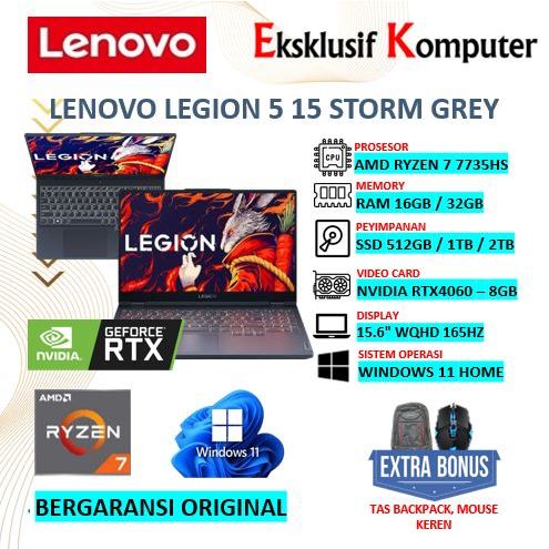 Laptop Lenovo Legion 5 15 AMD Ryzen 7 7735HS RAM 16GB 512GB SSD RTX4060-8GB 15.6" WQHD 165Hz Backlit