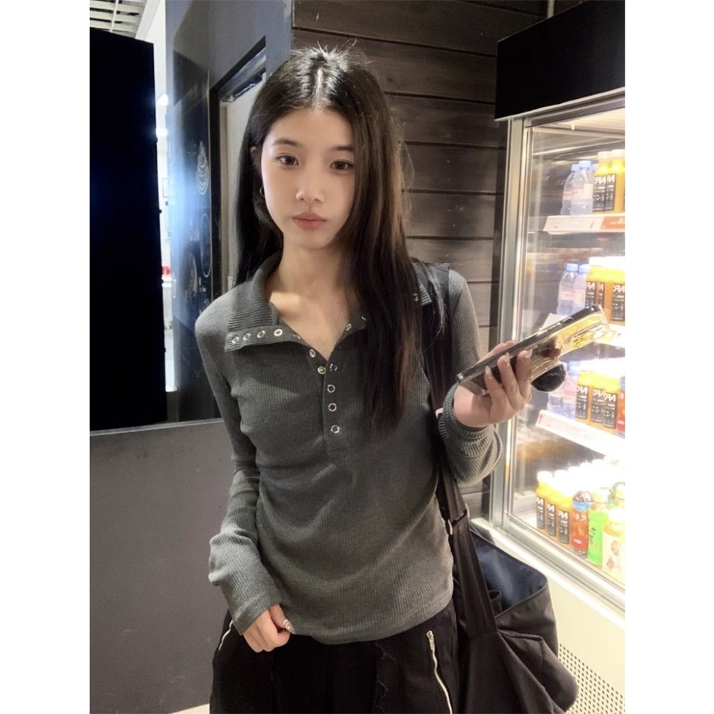 atasan berkancing rajutan abu-abu/t shirt kerah polo premium korean style/lengan panjang hot girl la