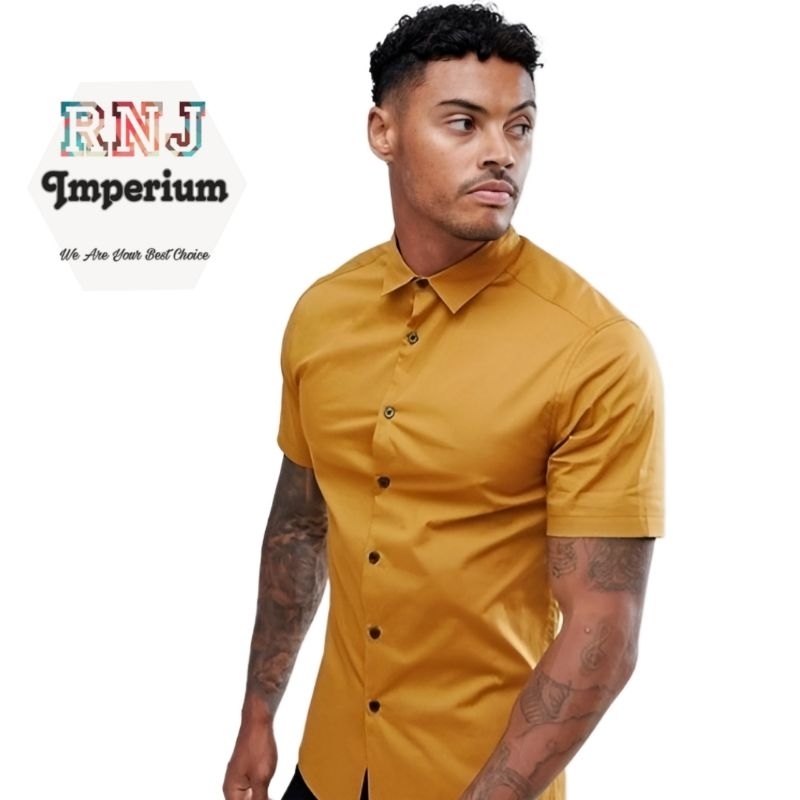 HEM KEMEJA POLOS PRIA KUNING MUSTARD LENGAN PENDEK