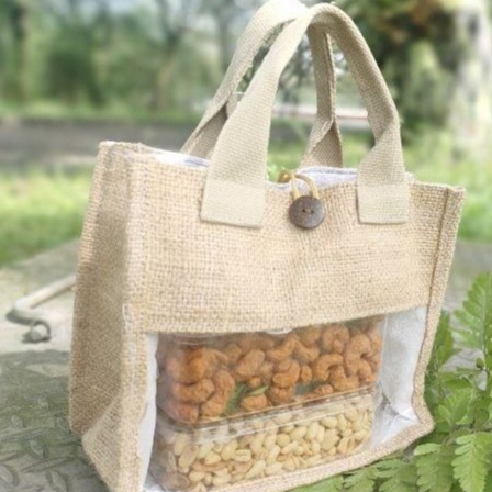 Tas Hampers Goni Kombinasi Mika Transparan Muatan 2 Toples / Jute Bag