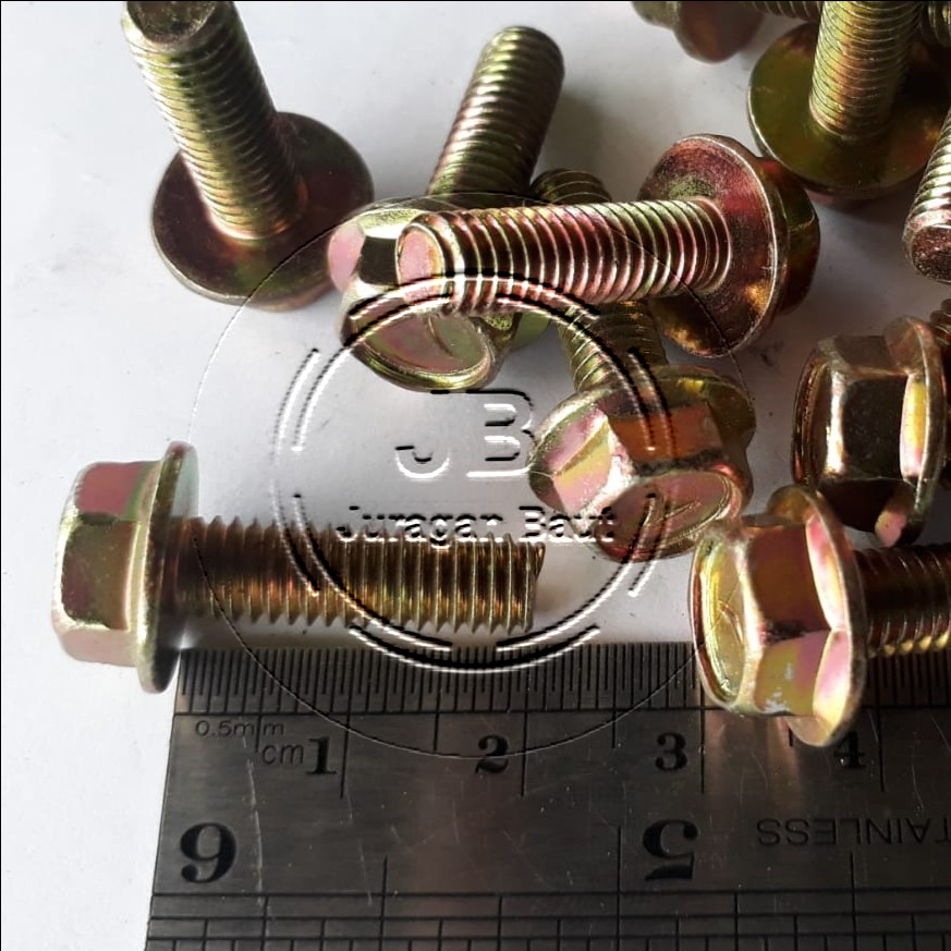 FLANGE BOLT M6 X 20 BAUT TOPI M6X20 WARNA KUNING KUNCI 10 PANJANG 2CM 2 CM 20MM DIAMETER BATANG 6MM 