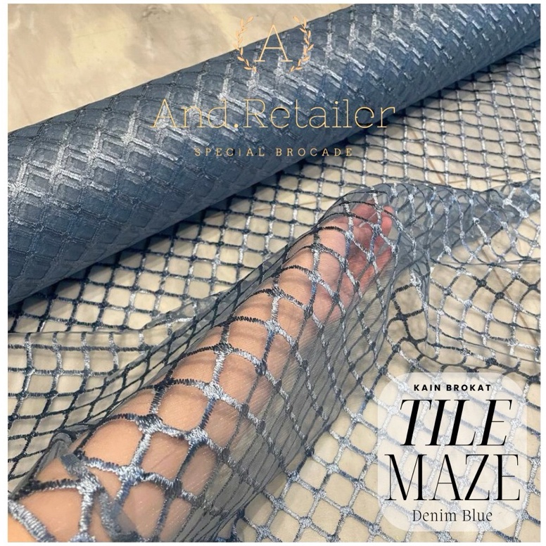 ART X39E Bahan Kain Brukat Tile Kotak Tulle Mesh Warna Blue Denim Biru Denim