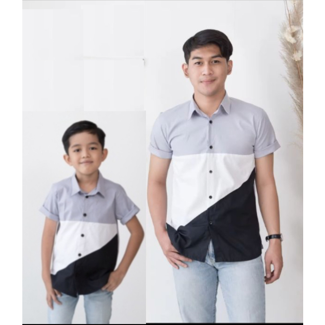 222104 Nywan Apparel Kemeja Anak laki couple kopel ayah anak kakak adik lebaran Abu-Abu putih hitam
