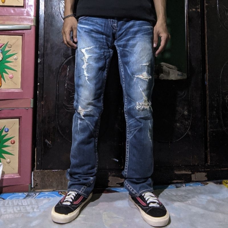 Size 28-29 Celana Panjang Longpants Jeans Rodeo Crowns Ripped Blue Fading Selvedge Accent Original S