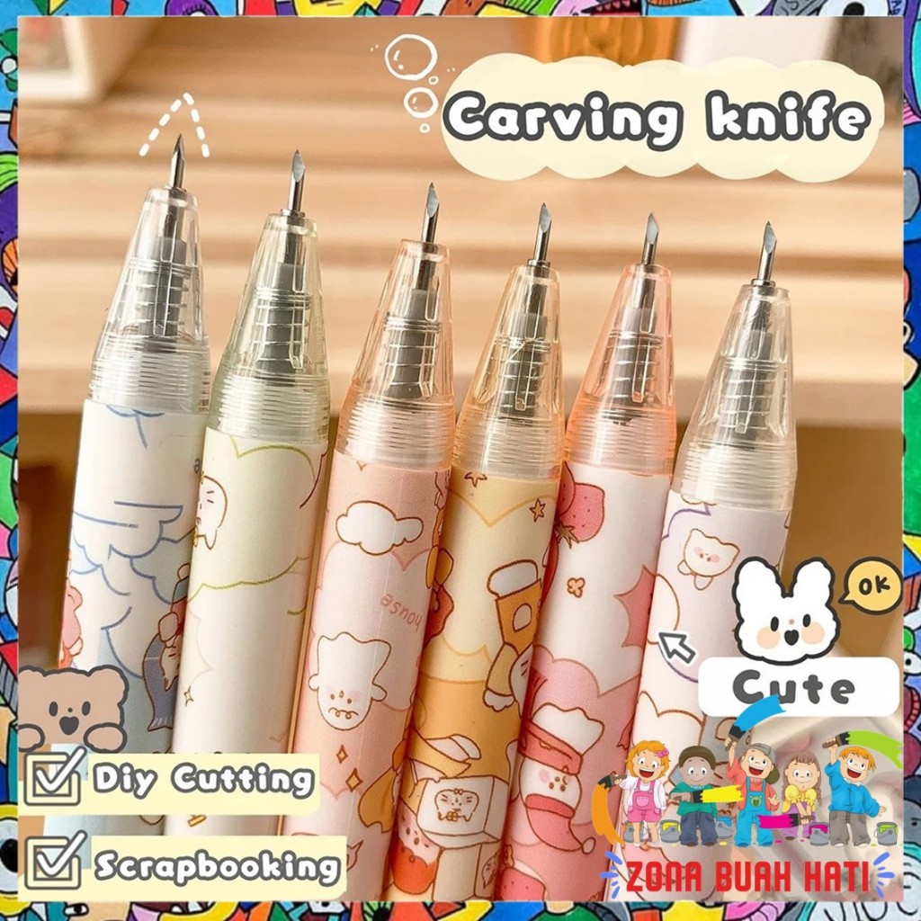 

ZBH Pemotong Kertas Bentuk Pena Karakter Kartun Bear Strawberry Lucu Cutter Pen Knife Cut Stickers Scrapbooking Alat Pemotong Stiker Bentuk Pena Cutting Tools Portable Knife Carving DIY