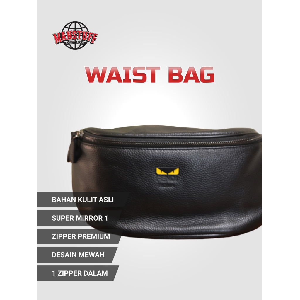Tas Waistbag Pinggang Hitam Pria Kulit Fendi