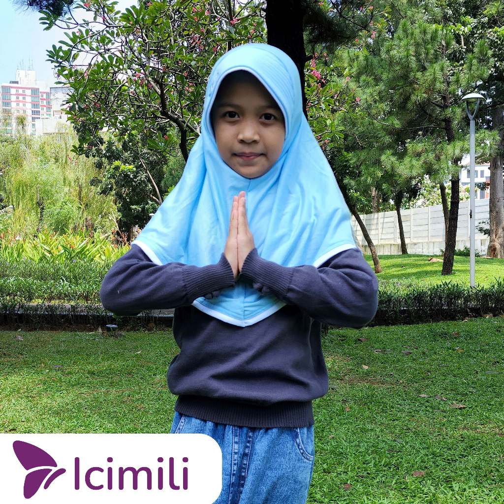 Icimili kerudung / jilbab / hijab anak sekolah warna biru muda motif bordir nyaman cantik murah