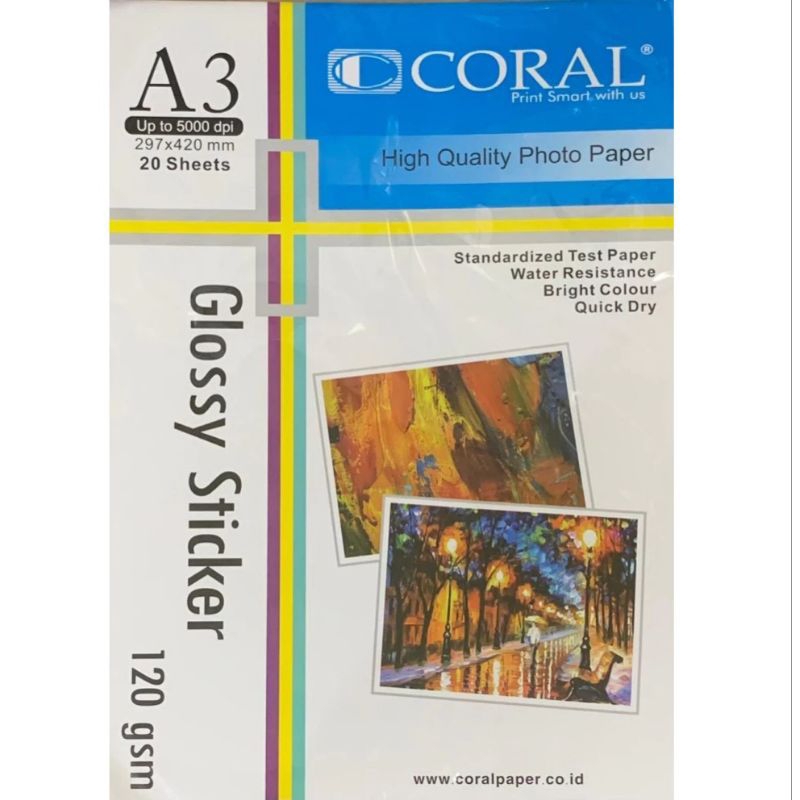 

CORAL GLOSSY STICKER PAPER A3 120G 20LEMBAR