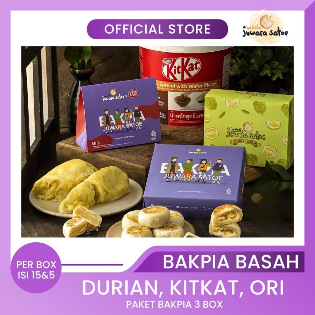 

BAKPIA JUWARA SATOE [ 3 Box ] Paket Bakpia Basah Mix (Durian, Kitkat, Original) - Oleh Oleh Khas Jogja