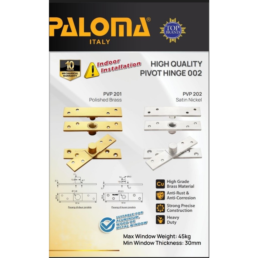 PALOMA PVP 201 PIVOT HINGE ENGSEL PUTAR JENDELA BRASS GOLD PB EMAS