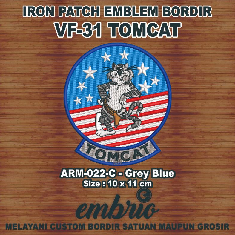 ARM-022-C - Patch Tomcatters VF-31 TOMCAT VF 31 Fighter Squad Back Thermo Sticky Blue Top Gun - Grey