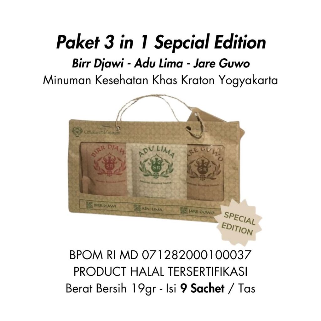 

Paket 3 in 1 Special Edition | BIRR DJAWI - ADU LIMA - JARE GUWO | Minuman Kesehatan Khas Kraton Yogyakarta