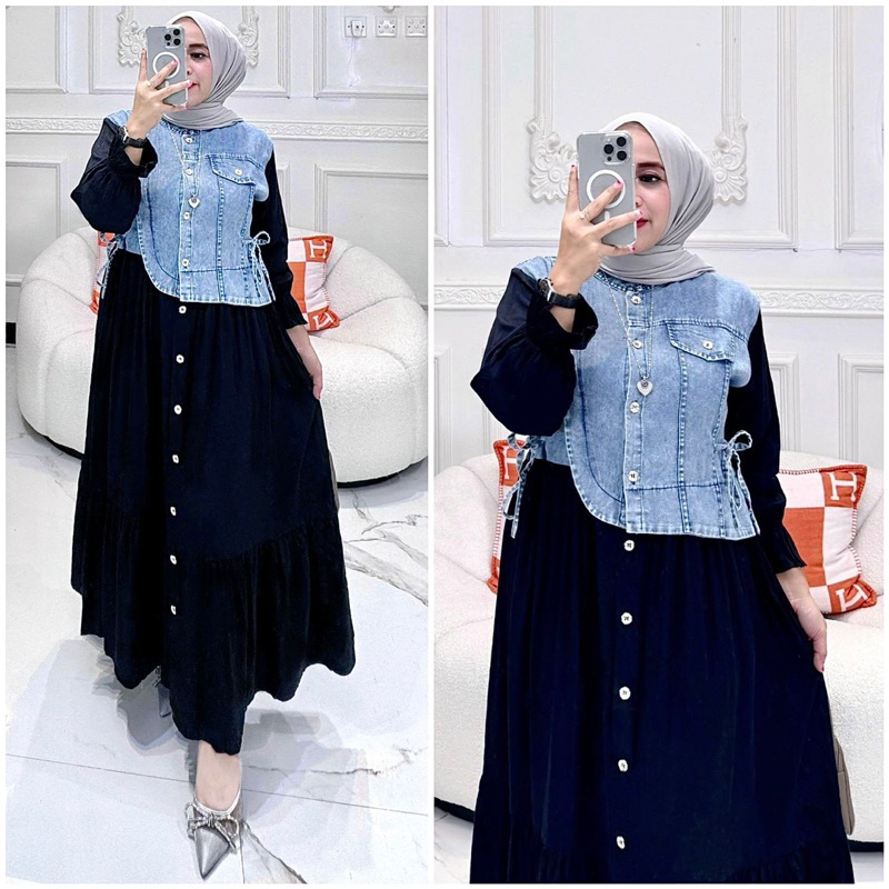 Midi Dress Jeans Mix Katun Dan Rayon Zara Premium
