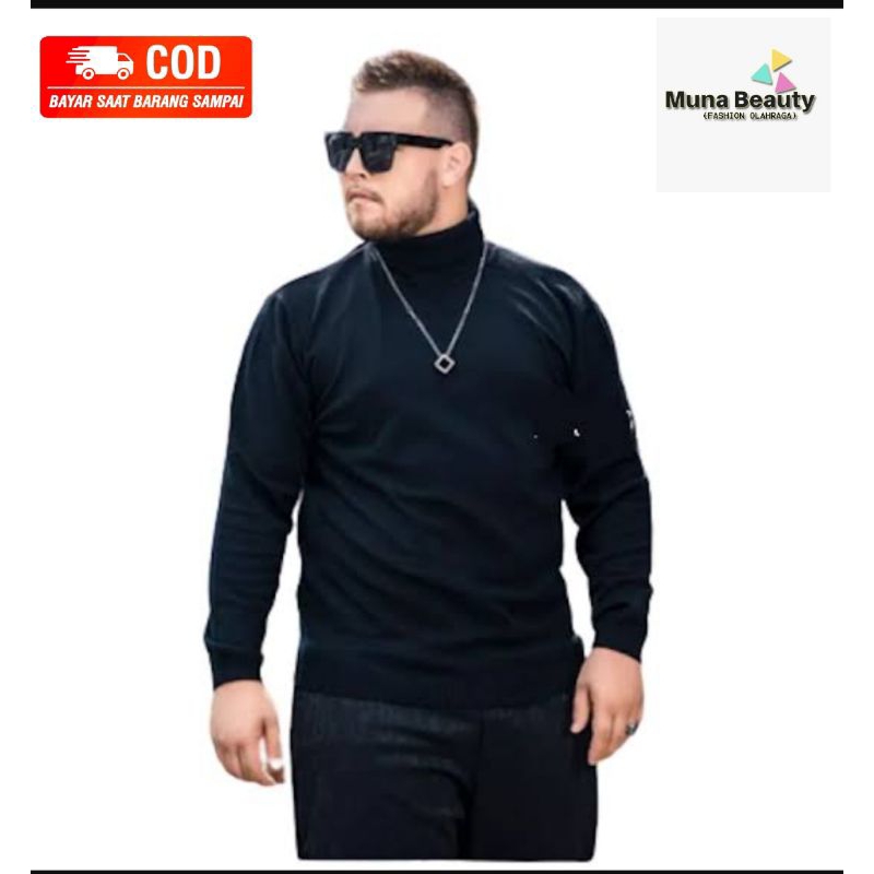 Kaos Hitam Polos Turtleneck Pria Lengan Panjang Ukuran Besar Jumbo XXL Leher Tinggi Korean Style