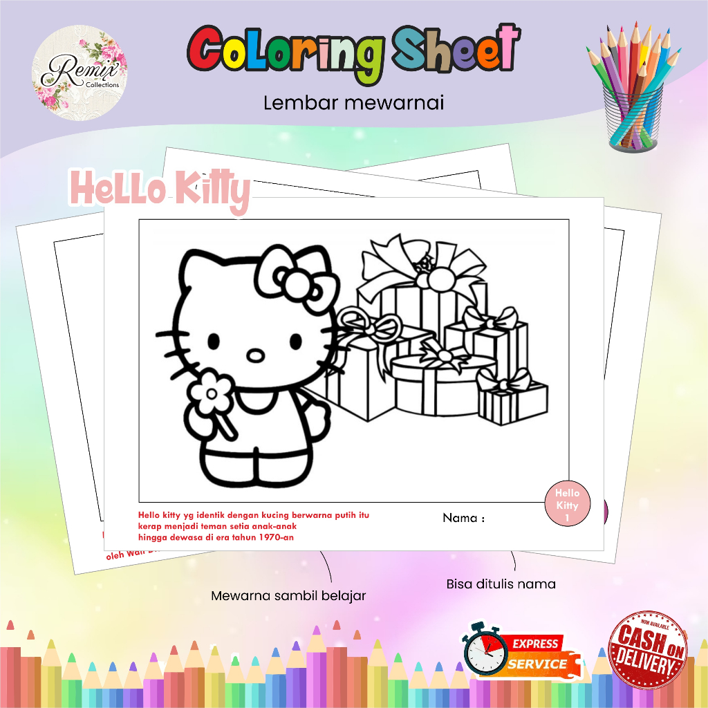 

Kertas Mewarnai tema HELLO KITTY / Kertas Gambar / Kertas Warna Anak TK SD / Watercolor