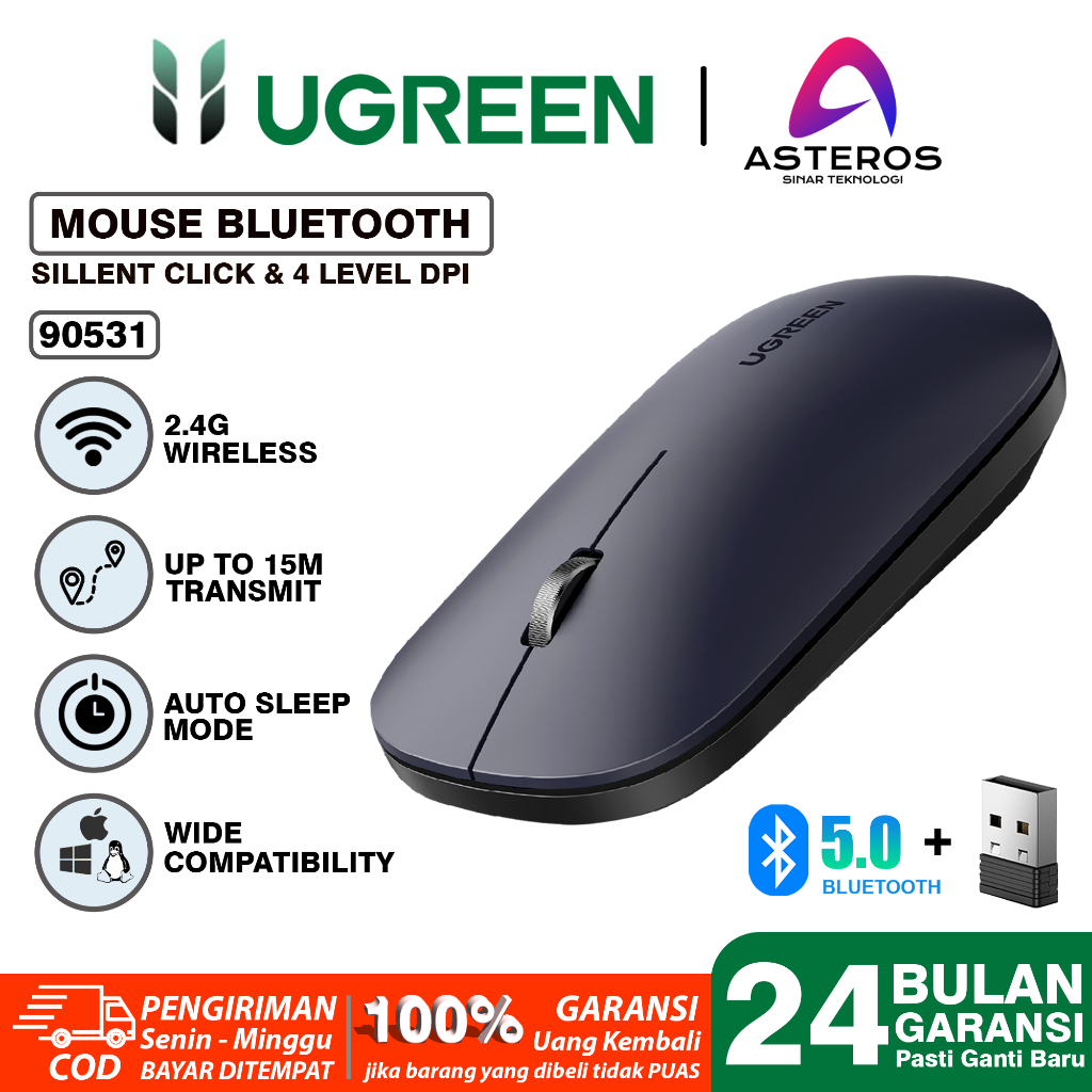 UGREEN Mouse Wireless Silent Klik Dual Koneksi Bluetooth + Dongle For Komputer Laptop Macbook-90531 NON BATERY BLK