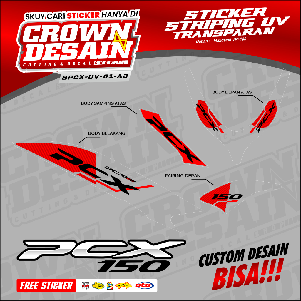 Stiker Striping UV Transparan PCX 150 Motif Malay Lis Merah - Stiker Semifull Honda PCX 150 Variasi 