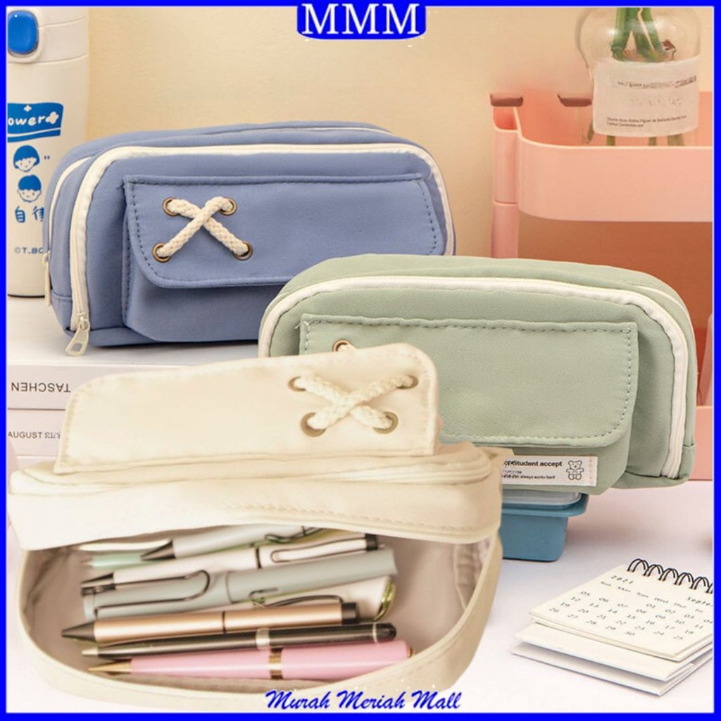 

MMM Tempat Pensil Model Pita Silang Bahan Kanvas Kotak Pensil Tali Rami Ritsleting Ganda Pouch Tempat Alat Tulis Perlengkapan Sekolah Kantor Dua Sisi Resleting