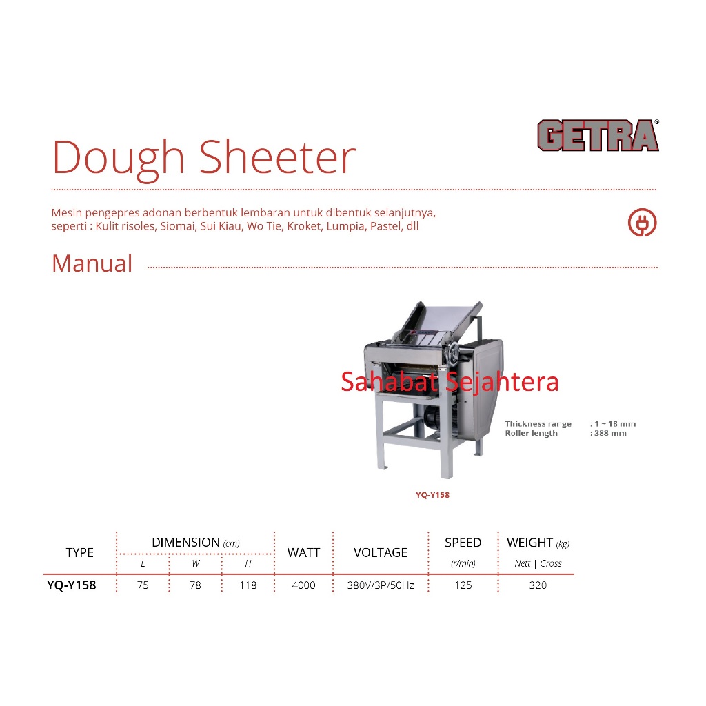GETRA Dough Sheeter Manual YQ-Y158 Mesin Pengepres Adonan