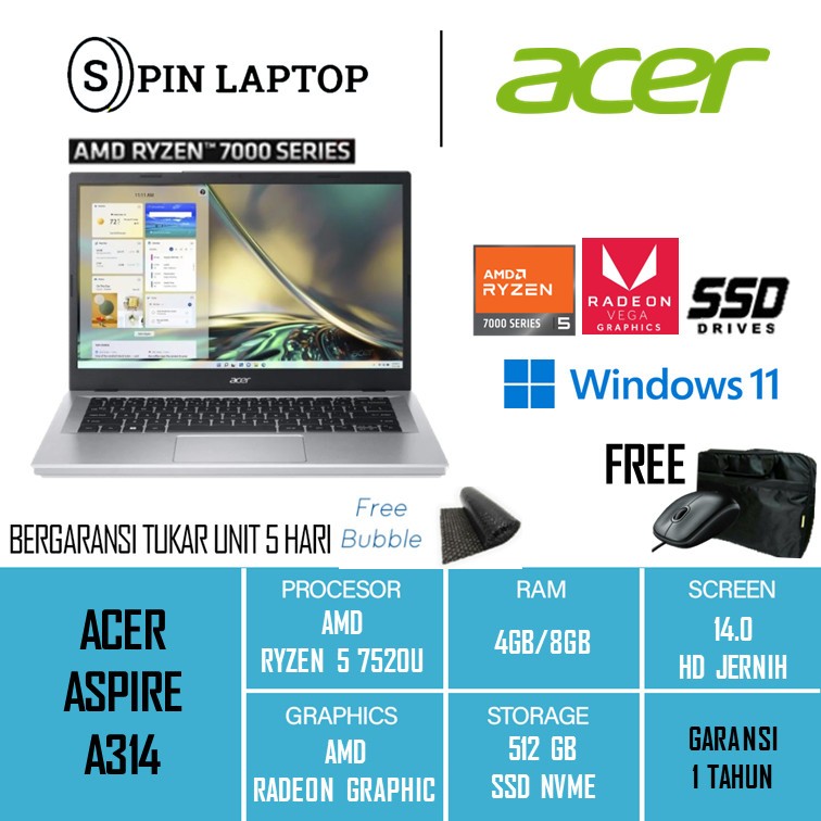 Laptop Acer aspire 3 A314 ryzen 5 7520 8gb 512gb W11PRO 14.0