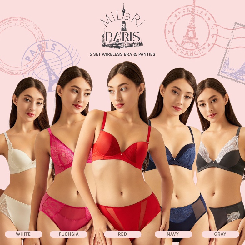 ART E42O MILARI  MILARI IN PARIS 5SET BRA TANPA KAWAT LYCRA  PANTIES FREE POUCH FREE GIFTS