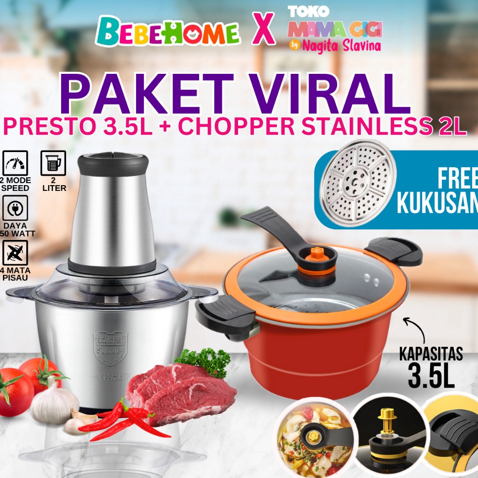 Best Product BEBEHOME KOMBO Paket Viral Panci Presto 35 Liter  Blender Chopper Stainless Steel 2L