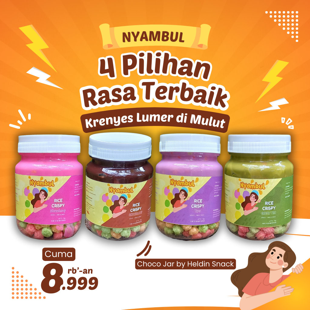 

Choco Jar Nyambul by Heldin Snack - Cemilan Rice Crispy Rainbow dengan Toping Lumer Cokelat Strawberry Taro dan Green Tea