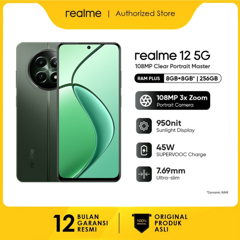 realme 12 5G 8GB+8GB*|256GB (108MP 3X Zoom Portrait Camera | Trendy Watch Design | Ultra-slim Body | 5G 6nm Process Chipset | 45W SUPERVOOC Charge | 5000mAh Battery)-Woodland Green