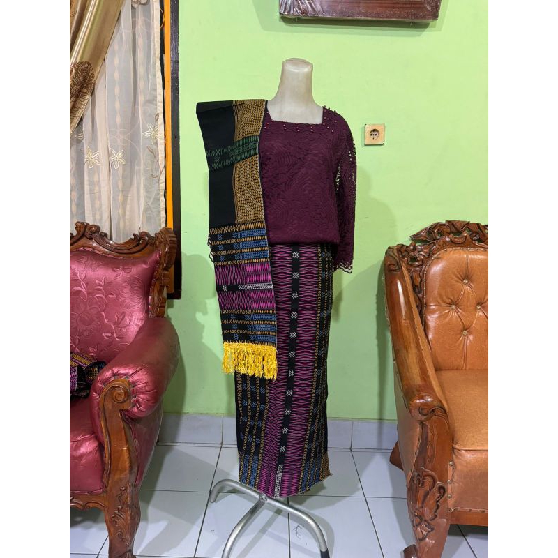 Rok jadi siap pakai set selendang bahan katun