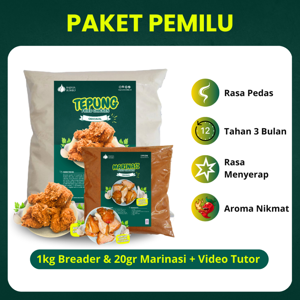 

Paket Pemilu Fried Chicken 1kg Tepung Fried Chicken dan 20gr Bumbu Marinasi Fried Chicken Gratis Video Tutorial