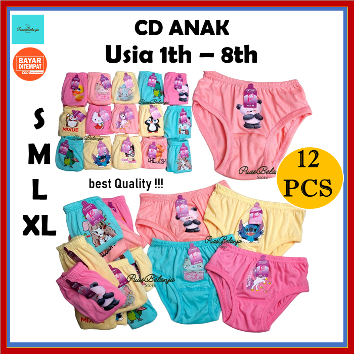 12pcs Celana Dalam Anak Perempuan Usia 1-8th Motif Karakter CD Anak Cewek Katun Adem